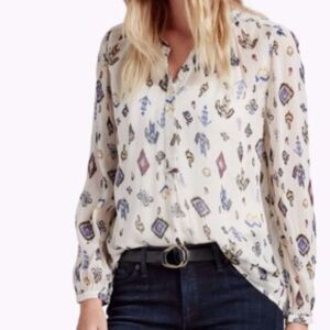 Lucky Brand IKAT Print Long Sleeve Henley Sheer Rayon Blouse in Natural